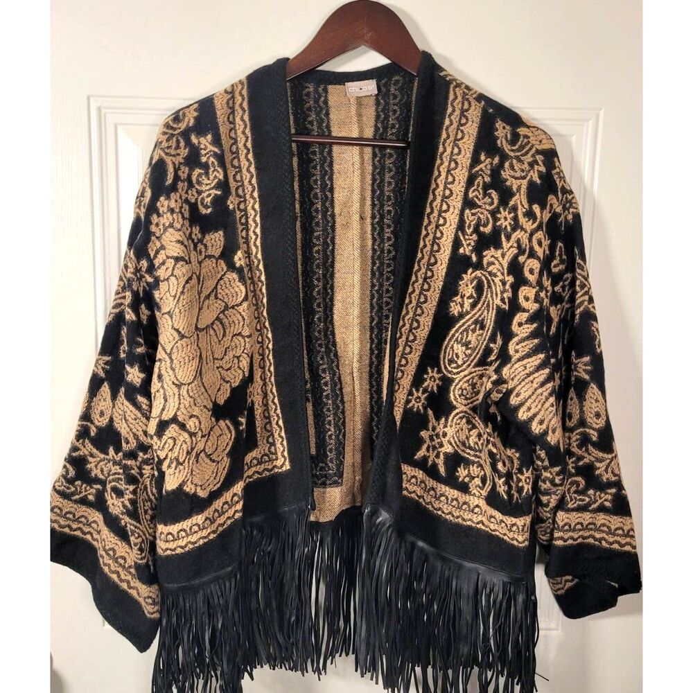 Chico's Black Tan Paisley Tapestry Fringe Cardigan Jacket Boho Western Size TBD